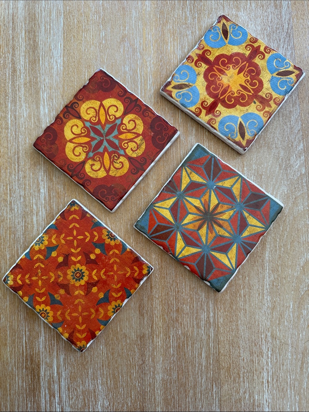 Pier 1 Ceramic Tile Coasters in Red, Gold & Blue Patterned Set